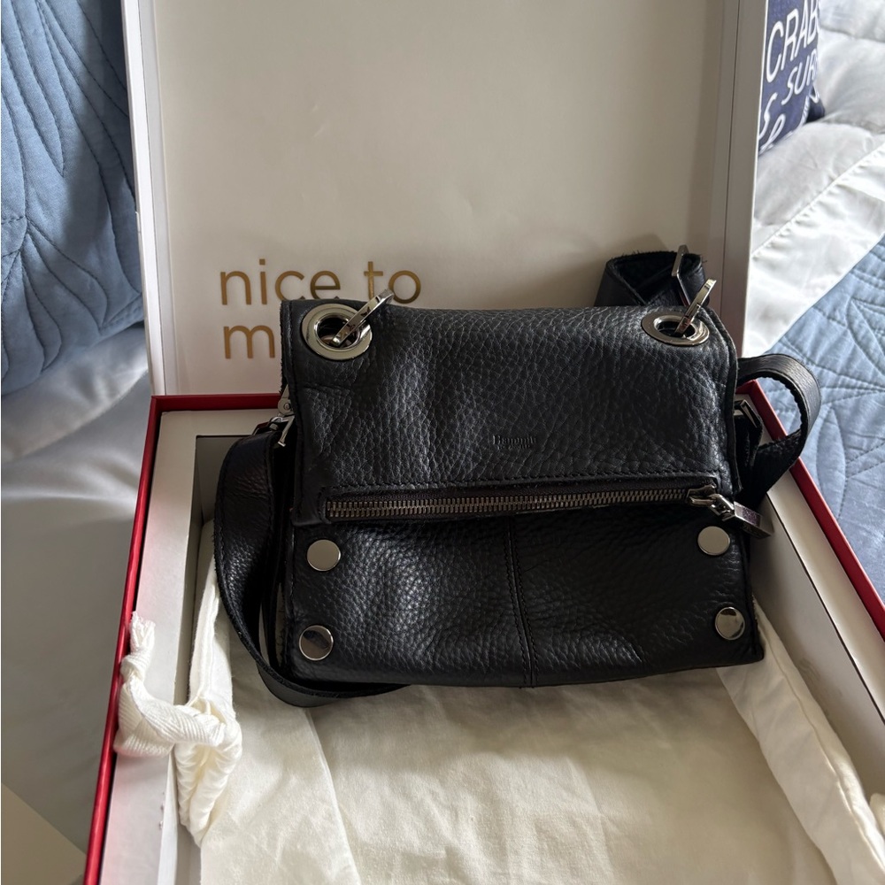 Hammitt Black Textured Leather Crossbody with Silver Hardware